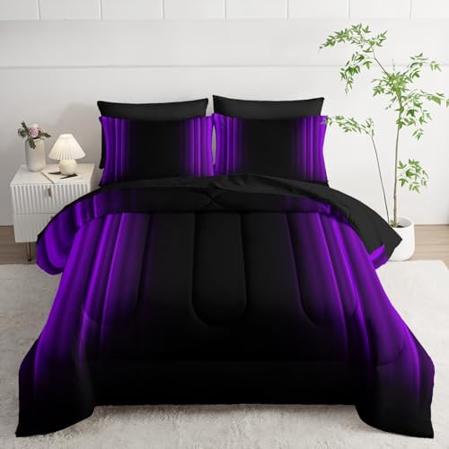 Nttopship Purple and Black Bedding Set Twin Size Abstract Ombre Comforter Set Bedding Set 7 Piece in A Bag,Dark Quilt Set Mordern Art Decor All Seasons with Pillowcases,Flat, Fitted Sheet