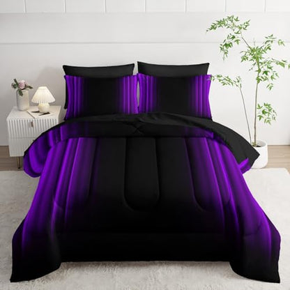 Nttopship Purple and Black Bedding Set Twin Size Abstract Ombre Comforter Set Bedding Set 7 Piece in A Bag,Dark Quilt Set Mordern Art Decor All Seasons with Pillowcases,Flat, Fitted Sheet