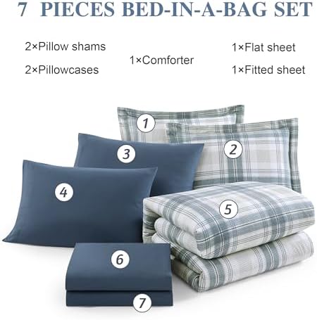 Plaid Queen Comforter Set Blue Grey 7 Pieces Farmhouse Bed in a Bag