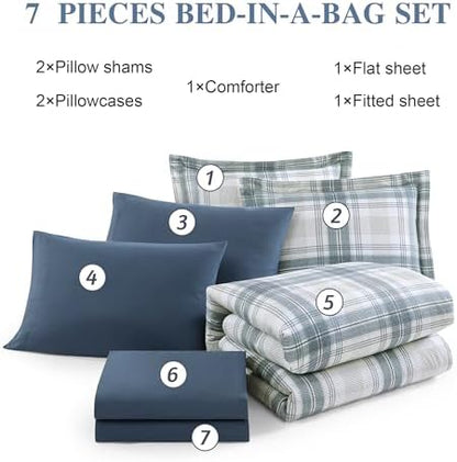 Plaid Full Size Comforter Set Blue Grey 7 Pieces Farmhouse Bed in a Bag