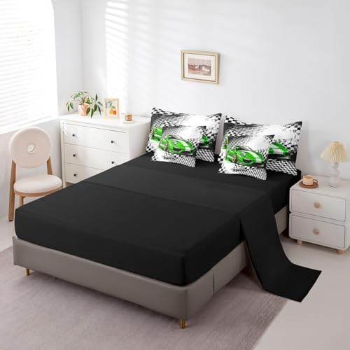 jejeloiu Green Race Car Comforter Set with Sheets Twin Size for Kids Boys Girls Checkerboard Racing Flag 7 Pieces Bedding Set Cartoon Bed in a Bag Bedroom Decor Soft Lightweight Microfiber
