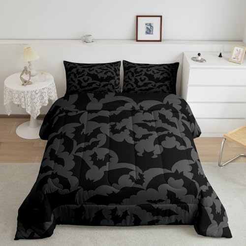 Castle Fairy Halloween Themed Full Size Comforter Set,Black Bats Animal Print Bedding Comforters Bedroom Collection,Dark Grey Color Bedding Set for Girls Teens