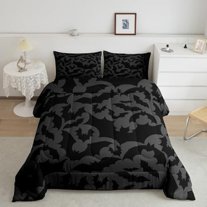 Castle Fairy Halloween Themed Comforter Set King Size,Black Bats Animal Print Bedding Set All Season Quilt Set,Dark Grey Color Microfiber Polyester Down Comforter