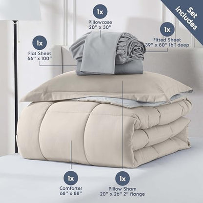 Nestl 7 Piece Twin XL Comforter Set – Beige Reversible Bed in a Bag – Complete Twin XL Size Bedding Set with Sheets, Set of 2 Down Alternative Pillows, Pillowcase and Sham
