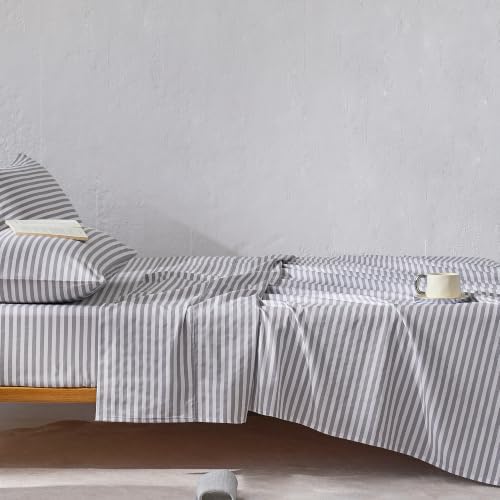 JELLYMONI 100% Cotton Sheet Set, Gray Striped, Twin