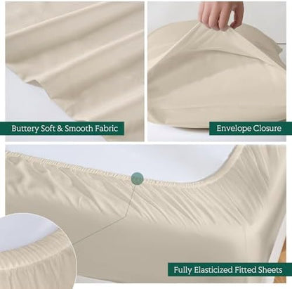 Cooling Sheets Set King Size, Viscose Derived from Bamboo for Hot Sleepers | Deep Pocket Up to 16 Inch | Silky Soft & Breathable Bedding - 4PC (King, Sand)