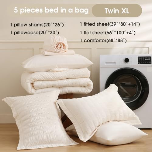 FreshCulture Comforter Set Seersucker 5 Pieces, All Season Bedding Set Twin XL, Bed in a Bag Comforter Set with Comforter, Flat Sheet, Fitted Sheet, Pillowcase and Pillow Sham, Cream