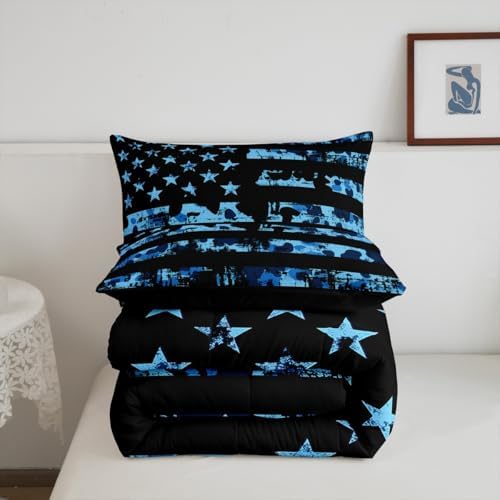 Erosebridal American Flag Comforter Set Full for Boys Kids Teens Bedroom, Camouflage Bedding Set United States Down Comforter USA Federations Stars Duvet Sets 3 Pieces with 2 Pillow Cases, Blue Black