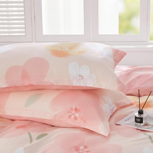 SAPHREAS Pink Floral Duvet Cover Set 2pcs Twin Size Botanical Bedding Comforter Cover Set 100% Cotton 1 Duvet Cover 68"x90" 1 Pillow Sham, Comforter Not Included