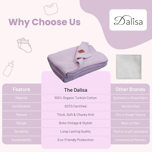 Dalisa 100% Organic Turkish Cotton Throw Blanket - GOTS Certified, Cozy - Perfect for Couch, Bed, and Home Decor - Boho Vintage Knit Alina (Lavender Frost, 60x80)
