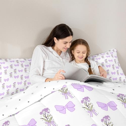 Castle Fairy Purple Bowknot Comforter Set Full Size,Vintage Farmhouse Kawaii Purple Floral Duvet Sets for Kids Teens Girls Bedroom,Romantic Princess Style Bedding Comforter,3 Pcs