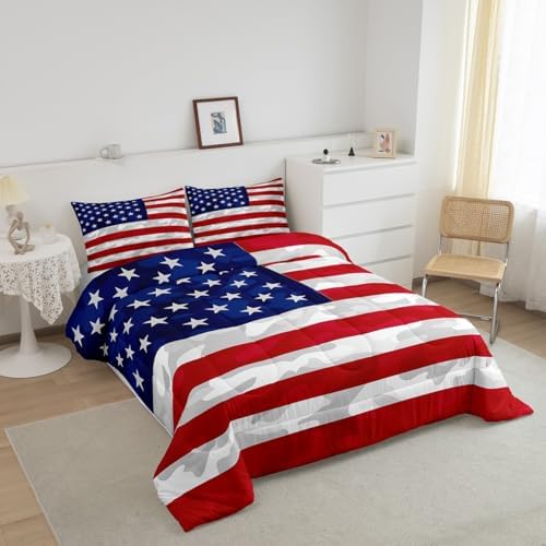 Feelyou American Flag Bedding Set Camouflage USA Flag Comforter Set Army Camo Flag Comforter Blue Red and White Stars Down Alternative Comforter for All Season Room Decor Queen Size