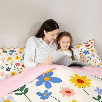 jejeloiu Cute Flower Comforter Set Full Size Floral Botanical Pattern Bedding Set for Kids Boys Girls Kawaii Duvet Quilt Blossom Flowers Pattern Bedroom Decor Microfiber 3 Pcs with 2 Pillow Cases