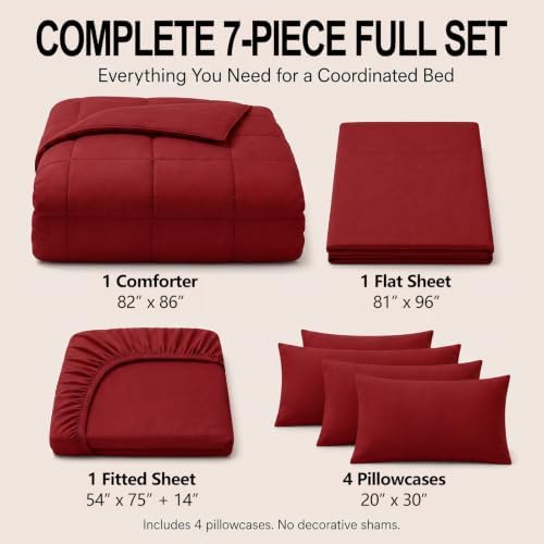 CozyLux Full Size Comforter Sets Dark Red - 7 Pieces Bed in a Bag