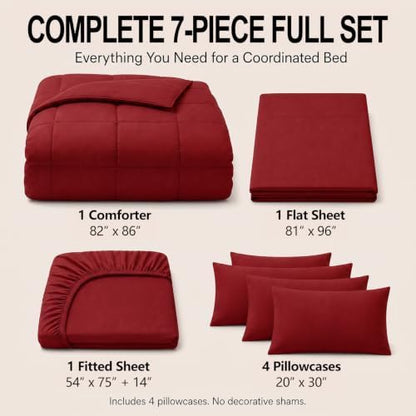 CozyLux Full Size Comforter Sets Dark Red - 7 Pieces Bed in a Bag