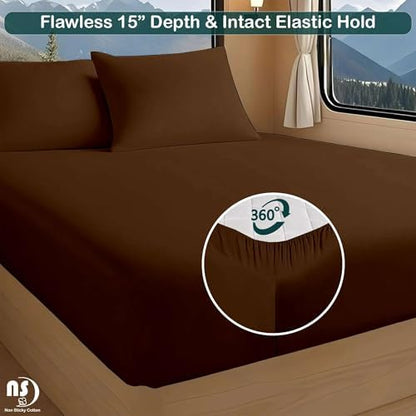 NON Sticky cotton RV Short Queen 4 Piece Sheet Set, 100% Long Staple Cotton, Soft Cooling Hotel Luxury Bedding Sheets, Deep Pocket Fits 15" Mattress, 60" x 75", Chocolate Solid