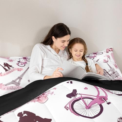 Paris Bedroom Comforter Set Twin France Eiffel Tower Bedding Set for Kids Girls Women Bedroom Decor Pink Butterfly Tower Down Comforter Romance Couple Travel Quilt Duvet Sets with 1 Pillow Case White