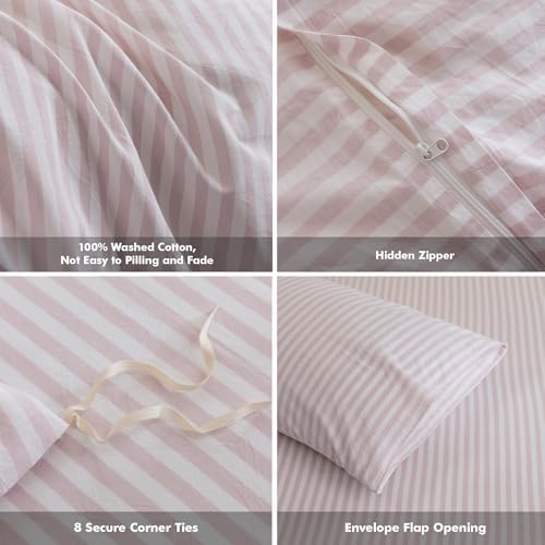 FOSSA Striped Duvet Cover Set 100% Washed Cotton Linen Feel Twin