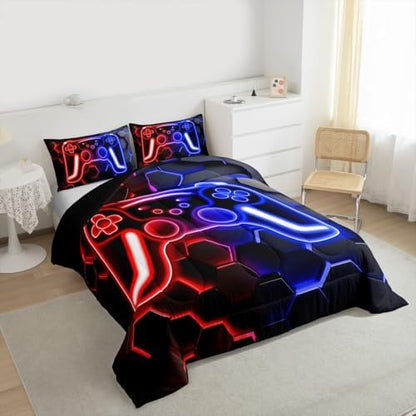 Erosebridal Gaming Comforter Set Neon Honeycomb Gamer Girl Toddler Bedding Set, Retro Game Console Comforter Red Blue Hexagon Lights Quilt,Gaming Decor for Boys Bedroom