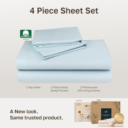 Soft Natural 100% Cotton Sateen King Size Bedsheets, 4 Pc Set, Baby Blue