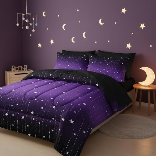 QOOMO Purple Galaxy 7 Pieces Comforter Set Queen,Starry Sky Bedding Set