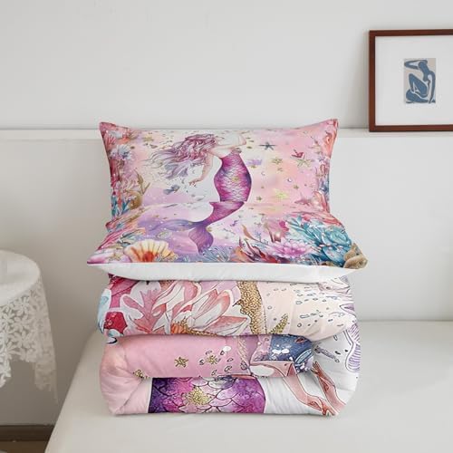 Homewish Pink Mermaid Comforter Set Queen Size,Coral Shell Starfish Bedding Set 3Pcs for Kids Girls Boys Teens Room Decor,Underwater World Quilt Set Pink Purple Dreamy Duvet Insert,2 Pillowcases
