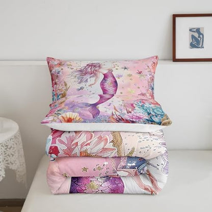 Homewish Pink Mermaid Comforter Set Queen Size,Coral Shell Starfish Bedding Set 3Pcs for Kids Girls Boys Teens Room Decor,Underwater World Quilt Set Pink Purple Dreamy Duvet Insert,2 Pillowcases