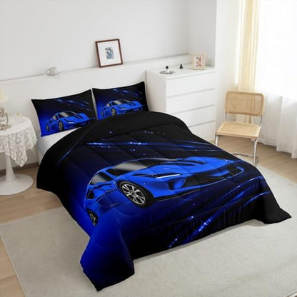 Feelyou Boys Blue Race Car Bedding Set Toddle Size Speed Sports Car Comforter Set for Kids Teens Adult Fast and Furious Duvet Set Blue Ombre Quilt Set 2Pcs