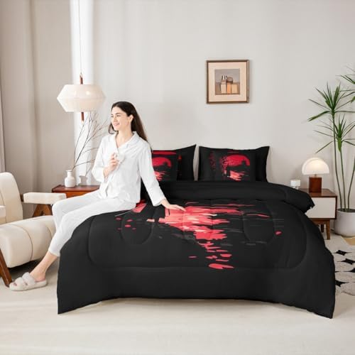 Erosebridal Samurai King Comforter Set 7 Pieces, Sunset Bed in A Bag for Bedroom, Kids Boys Teens Men Japanese Bedding Set with Comforters, Sheets, Pillowcases Scenery Silhouette Bedroom Decor