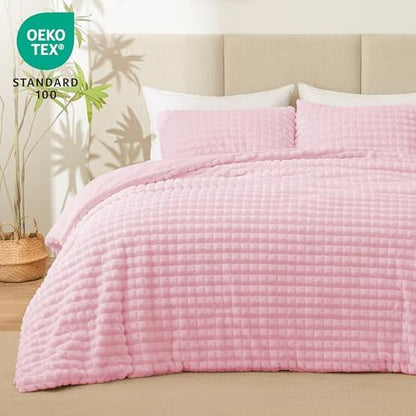 EXQ Home Fluffy Comforter Set Queen Size - Super Soft Faux Fur 3D Grid Jacquard Comforter 3 Pieces, Pink Fleece Bedding Set,Winter Warm Bed Set,1 Comforter with 2 Pillowcases