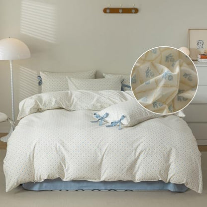 LifeTB Botanical Flower Comforter Set King Size Chic Blue Floral Bedding Comforter Vintage Style King Bed Comforter with 2 Bow Tie Pillowcases Boho Farmhouse Bedding Floral Aesthetic Comforter Set