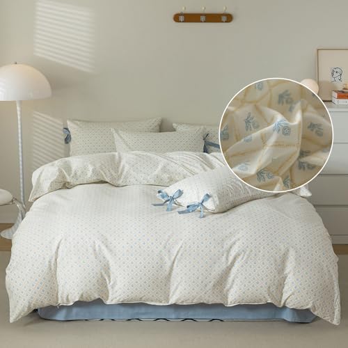 LifeTB Blue Floral Comforter Set Twin XL Cute Flower Comforter Set Cottagecore Botanical Bedding Comforter Twin XL for Teens Girls Aesthetic White Blue Grid Comforter with 2 Bow Ties Pillowcases