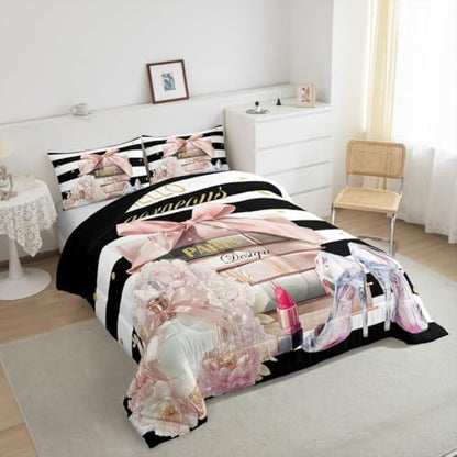 jejeloiu Pink Fashion Comforter Set Toddler Size Kids Black White Striped Bedding Set Boys Girls Floral Duvet Breathable Perfume High Heels Books Quilt Bedroom Decor,1 Comforter with 1 Pillowcase