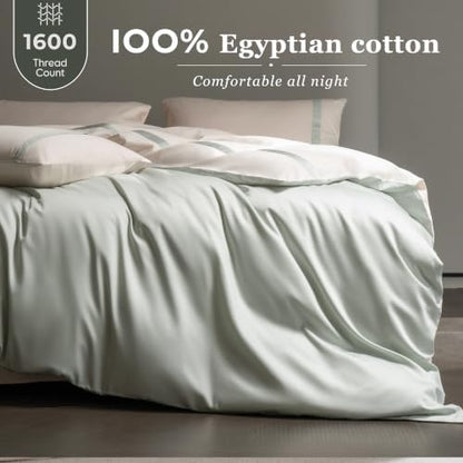 King Size Duvet Cover, 100% Egyptian Cotton,1600 Thread Count, Reversible Duvet Cover, Soft and Breathable Satin Bedding Set, All Seasons (Heather Sage Green, 104"x90")
