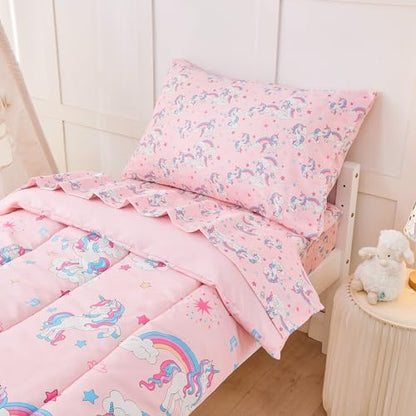 lasoftan Pink Unicorn Toddler Bedding Set for Girls, 4 Piece Bed-in-a-Bag Toddler Comforter Sets, Super Soft and Comfortable Microfiber Todeeler Bed Set