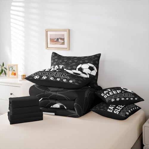 Erosebridal Black Football Games Boys 7 Piece Bedding Set Twin | Soccer Gaming Theme Comforter Set with Sheets Sports Pattern Bed in A Bag Kids Teens Bed Sets