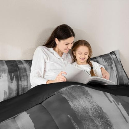 jejeloiu Black Gray Abstract Comforter Set All Season Modern Art Bedding Set with 2 Pillow Cases Splash Ink Abstract Microfiber Kids Full Bedclothes Luxury Bedroom Decor Duvet Quilt Breathable Soft
