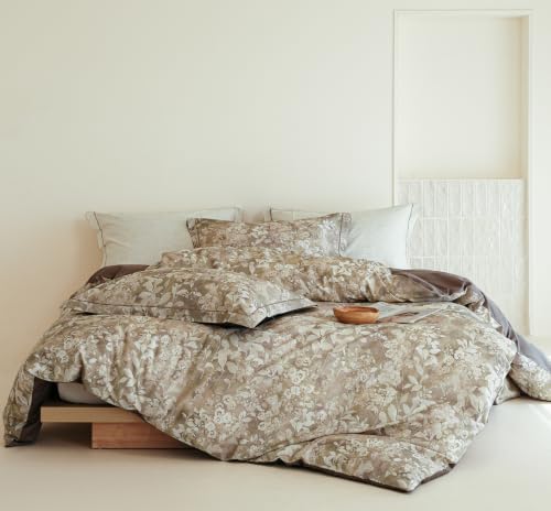 Floral Comforter King Size - 100% Long Staple Cotton Gradient Brown Leaf Reversible Comforter Set 3pcs, Soft Breathable Hypoallergenic Bedding Set