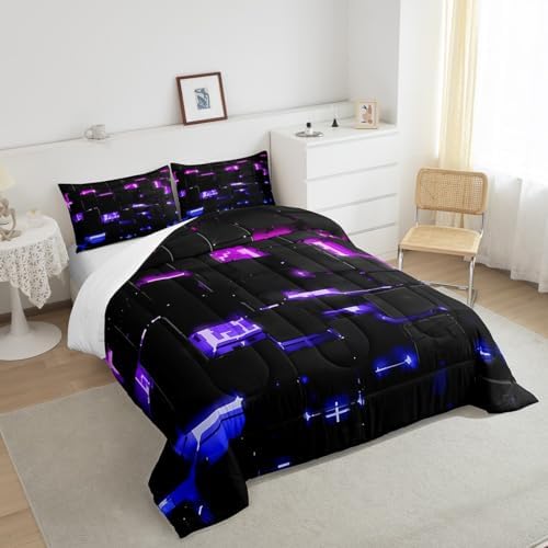 Feelyou Black Pink Purple Square Ombre Comforter Set King Size Kids 3D Rendering Abstract Art Comforter for Boys Girls Teens Modern Fashion Bedding Set Stripes Duvet Set