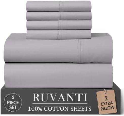 RUVANTI 100% Cotton Percale King Sheets, King Size Sheets Set, Opal Gray