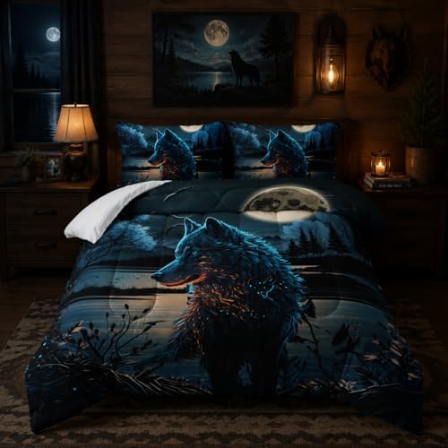 Nttopship Moon Wolf Comforter Set Queen Size, Wolf Night Moon Bedding Set 3 Piece for Kids Teens,Wild Animals Bedding Sets Soft Microfiber Comforter Sets for All Season