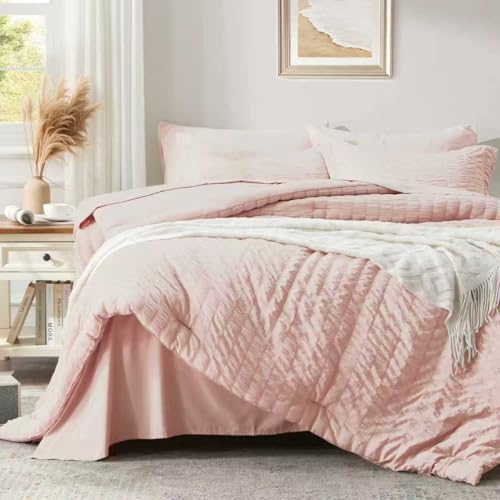 Zzlpp Full Size Comforter Sets 7 Piece, Pink Bed in a Bag Full Bedding Set
