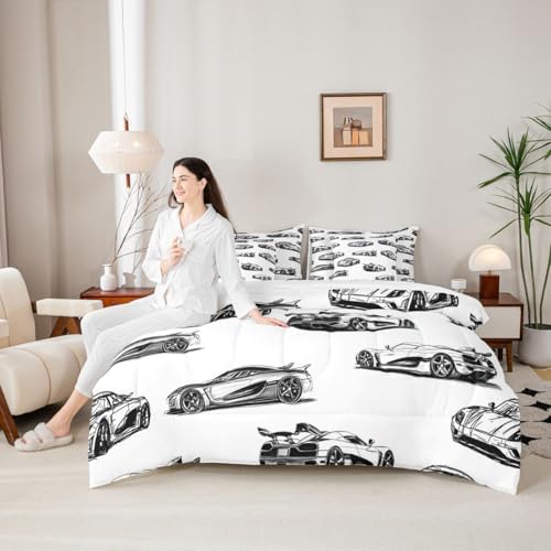 Feelyou Race Car Queen Comforter Set with Sheets for Kids Boys Girls Black White Speed Sports Car 7 Pieces Bedding Set Extreme Sports Bed in a Bag Room Decor Soft Lightweight Microfiber
