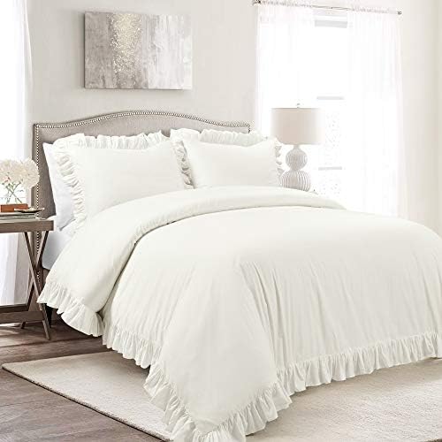 Lush Decor Reyna Ruffle Cotton Duvet Cover Set 3 Piece Set King, White - King Size Bedding Set - White Duvet King- Ruffled Bedding - Coquette Decor