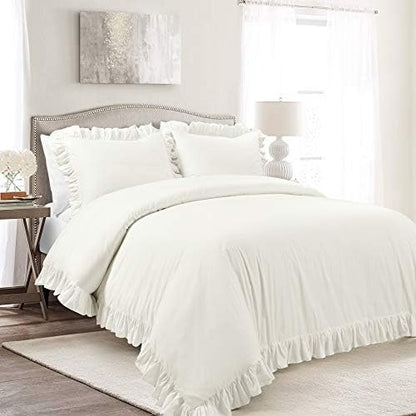 Lush Decor Reyna Ruffle Cotton Duvet Cover Set 3 Piece Set King, White - King Size Bedding Set - White Duvet King- Ruffled Bedding - Coquette Decor
