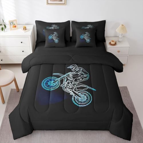 Feelyou Neon Blue Dirt Bike Comforter Set Queen 7 Pieces Off-Road Sport Bedding Set Neon Line Design Bed in a Bag Outdoor Sports Room Decor Motocross Art Quilted Breathable Soft Lightweight