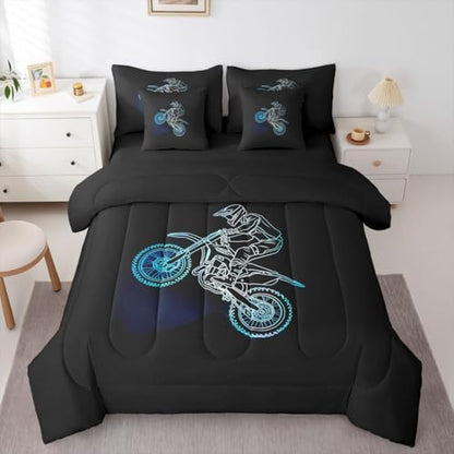 Feelyou Neon Blue Dirt Bike Comforter Set Queen 7 Pieces Off-Road Sport Bedding Set Neon Line Design Bed in a Bag Outdoor Sports Room Decor Motocross Art Quilted Breathable Soft Lightweight
