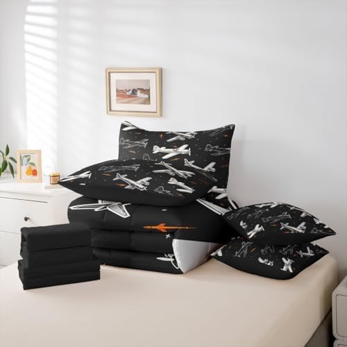 Erosebridal Boys Cartoon Airplane Full 7 Pcs Bedding Set, Modern Aircraft Bed in A Bag, Black and White Bed Sets, Aviation Theme Comforter Set with Sheets for Kids Men Bedroom Decor
