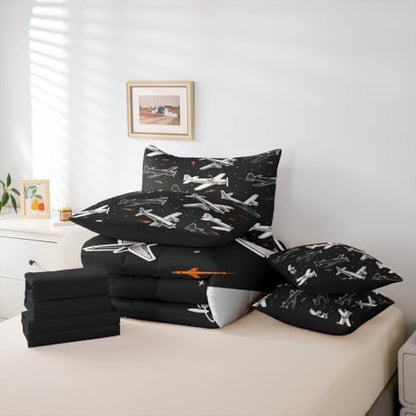 Erosebridal Boys Cartoon Airplane Full 7 Pcs Bedding Set, Modern Aircraft Bed in A Bag, Black and White Bed Sets, Aviation Theme Comforter Set with Sheets for Kids Men Bedroom Decor