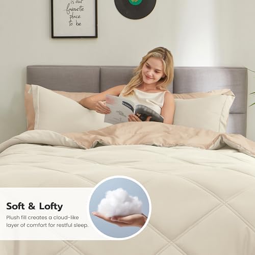 Joiedomi Full Size Comforter Set with Sheets Beige, 7 Pieces Full Size Bed Set with 1 Down Alternative Comforter, 1 Flat Sheet, 1 Fitted Sheet, 2 Pillowcases and 2 Pillow Shams, Bed in a Bag